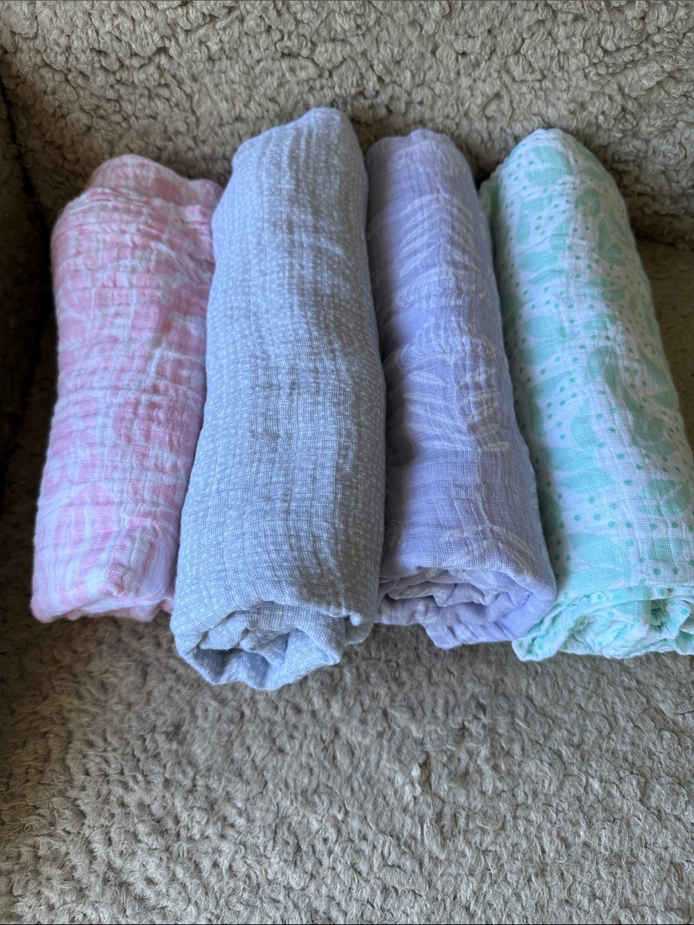 Never used- Soft Pastel Muslin Baby Swaddles - Pink, Gray, Lavender, Mint